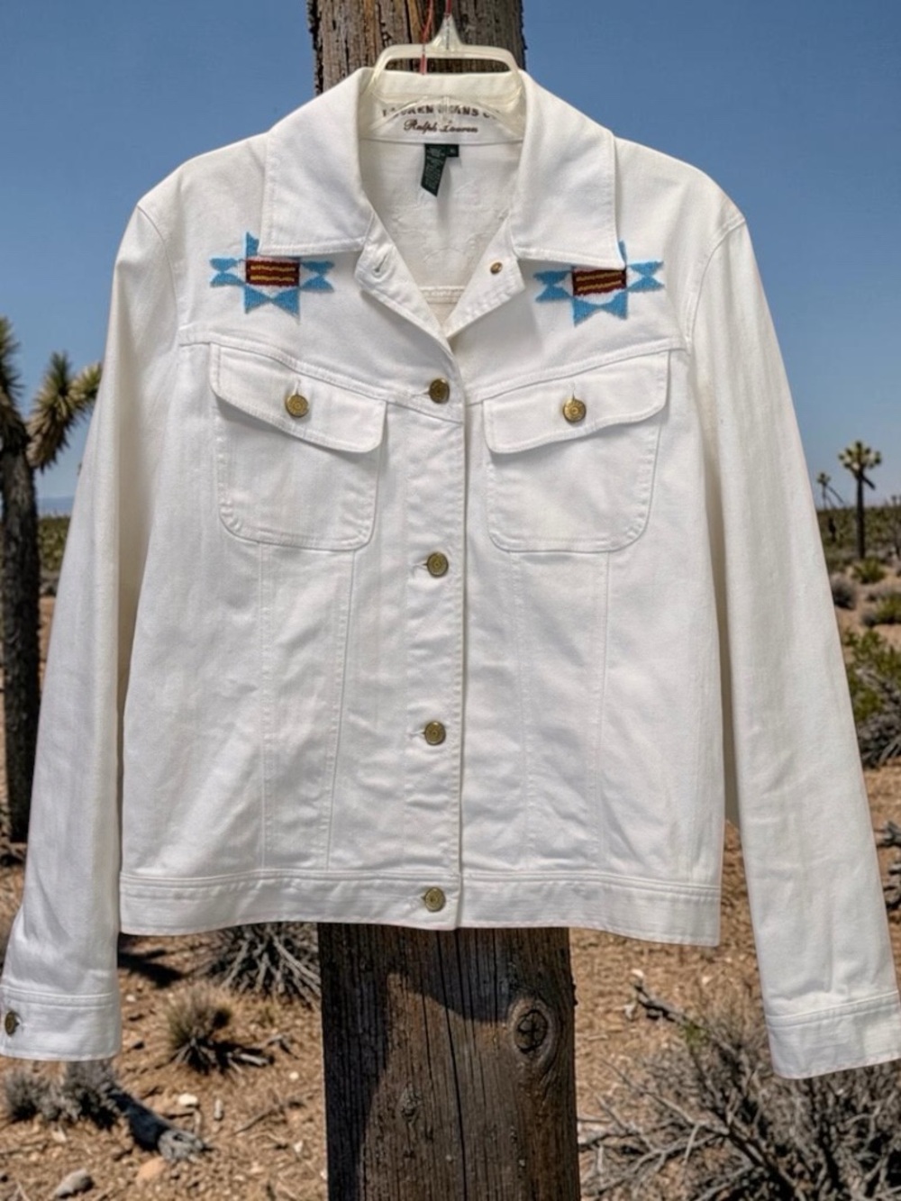 Ralph Lauren White Jean Jacket Embroidered Southwestern Beaded Native American